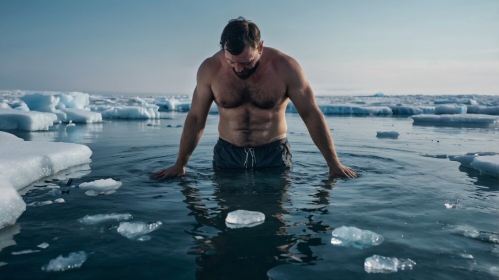 極寒の海でパン一の男性