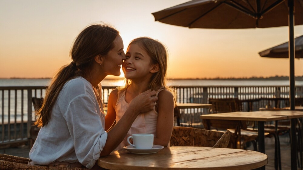 夕日のラウンジに、女の子と母親が笑顔でいる