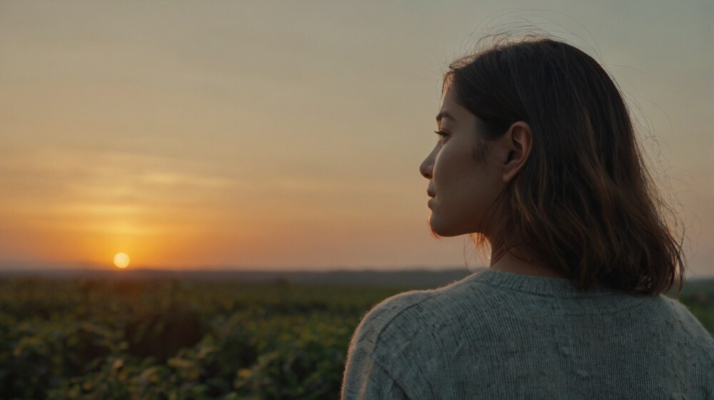 夕陽を眺める女性