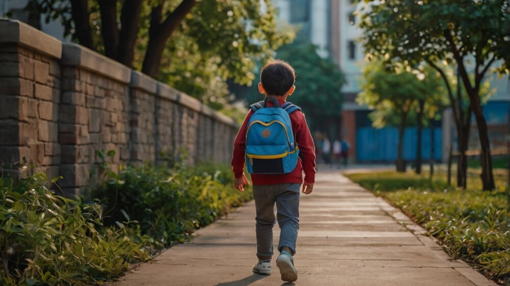 小学生男子が歩いている